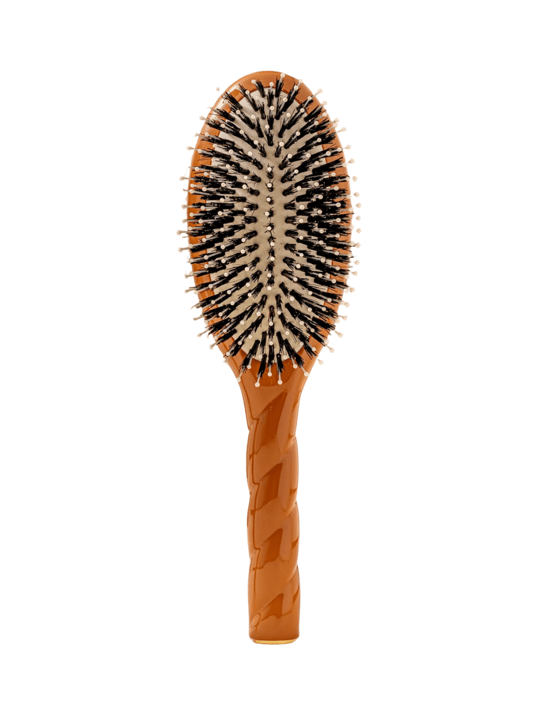 Front view of La Bonne Brosse N.03  Large The Essential Softness & Sensitive Scalp Brush in Terracotta featuring a twisted ergonomic handle, boar bristle and nylon hairbrush | Twentyseven Toronto