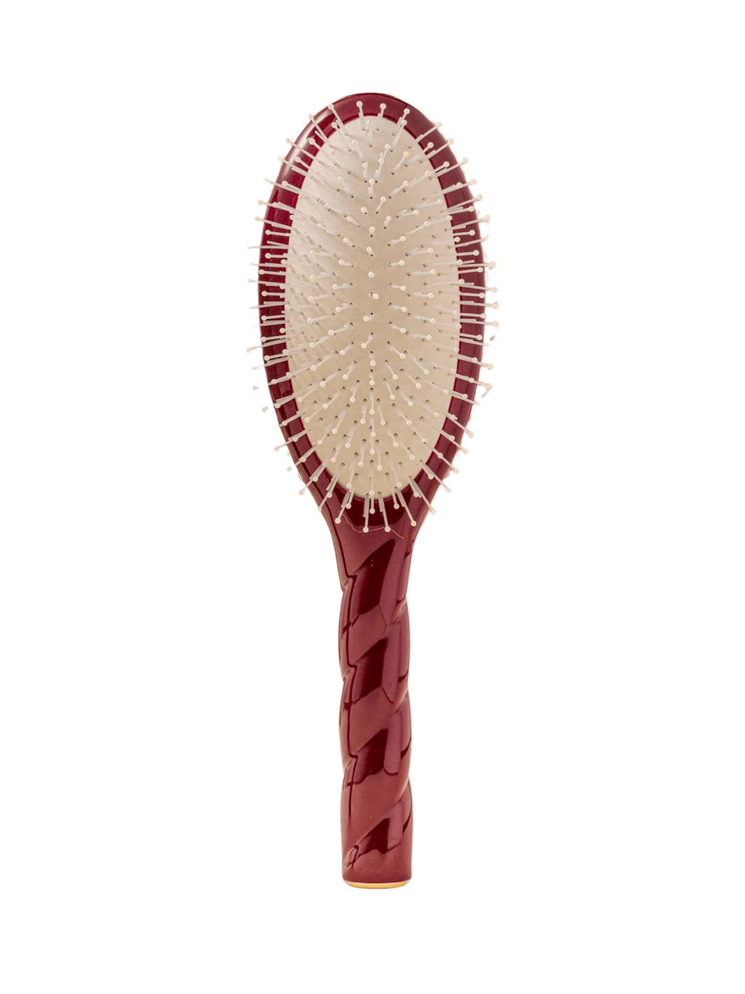 Front view of La Bonne Brosse N.04 Large The Detangling & Massaging Miracle Brush in Cherry Red featuring a twisted ergonomic handle and nylon bristles | Twentyseven Toronto