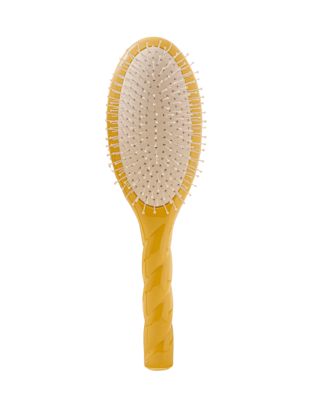 Front view of La Bonne Brosse N.04 Large The Detangling & Massaging Miracle Brush in Saffron Yellow featuring a twisted ergonomic handle and nylon bristles | Twentyseven Toronto
