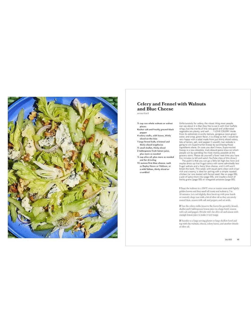An open page from Nothing Fancy: Unfussy Food for Having People Over by Alison Roman features a recipe for a celery, fennel, walnut, and blue cheese salad next to a vibrant close-up of the dish on a bright blue plate | Twentyseven Toronto