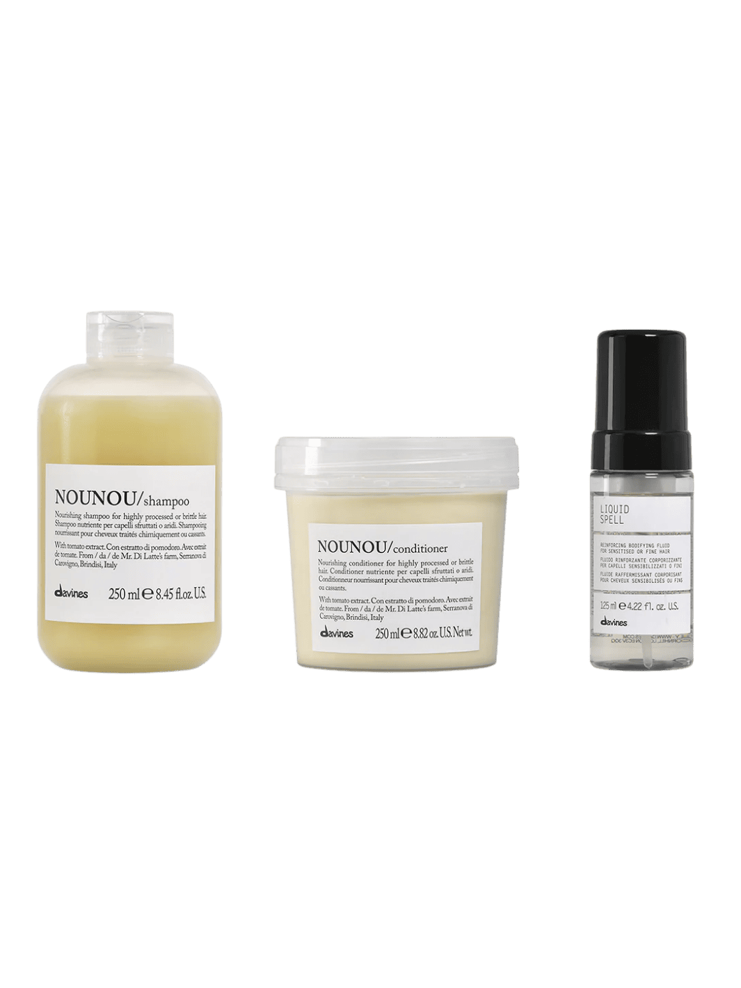 Three Davines hair care products including NOUNOU Shampoo (250ml), NOUNOU Conditioner (250ml) and Liquid Spell (125ml) on a transparent background | Twentyseven Toronto
