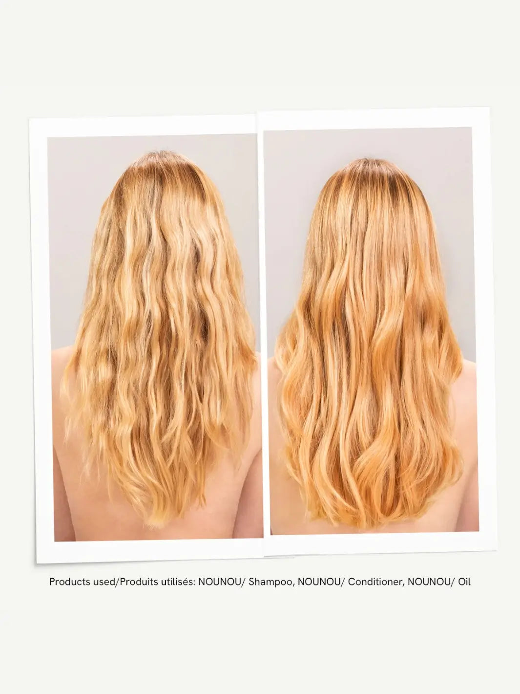 A before-and-after photograph demonstrates the nourishing transformation from dry, frizzy blonde hair to sleek, hydrated waves after using a treatment routine featuring Davines NOUNOU Oil | Twentyseven Toronto