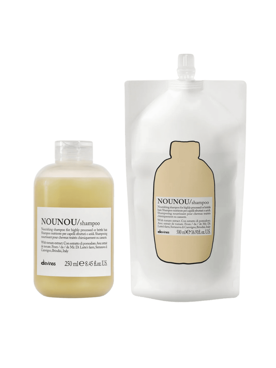 Davines NOUNOU Shampoo bottle (250ml) and NOUNOU Refill (500ml) on a transparent background | Twentyseven Toronto