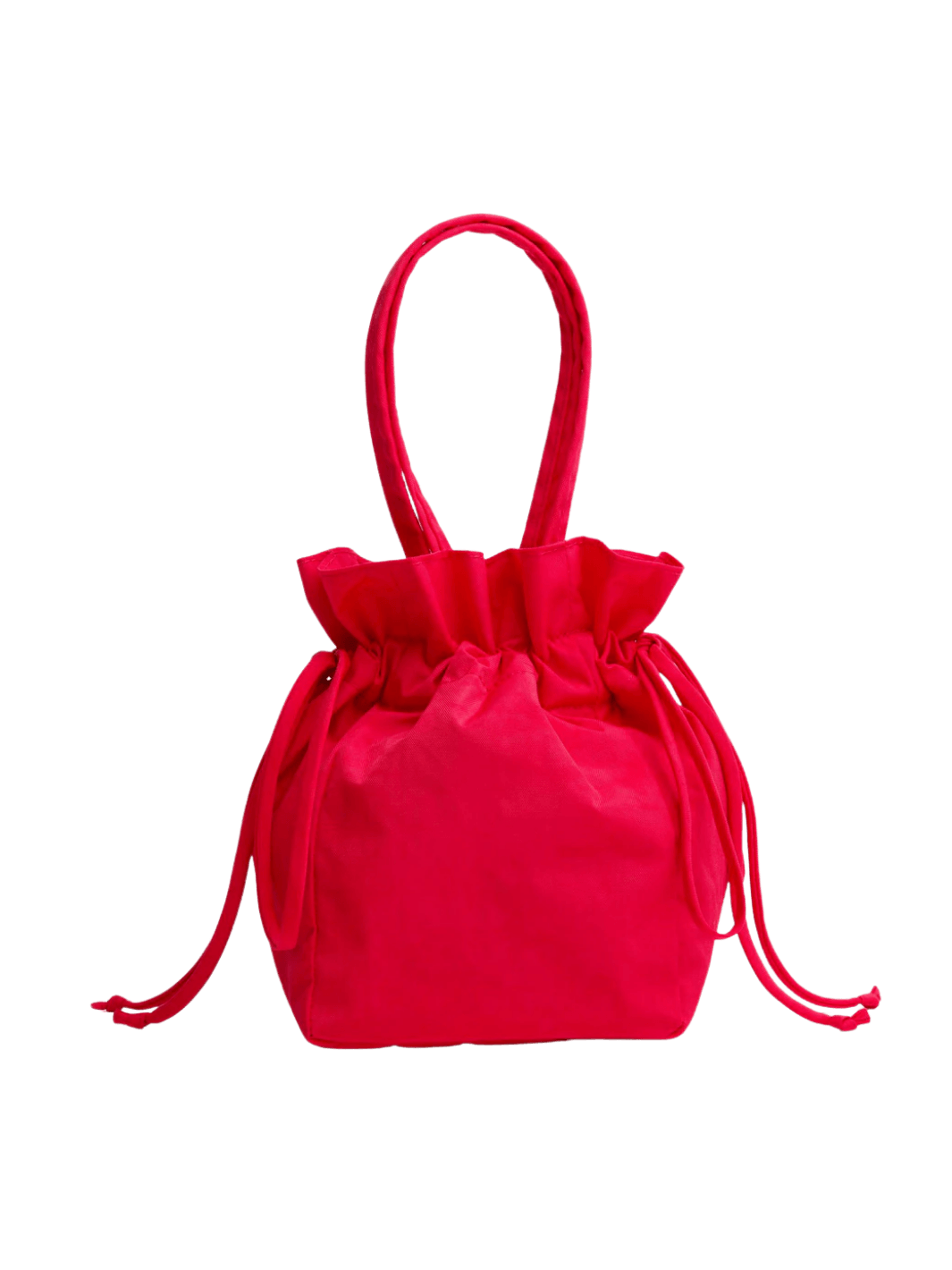 Red BAGGU Nylon Drawstring Bag in Candy Apple with ruffled drawstring top and dual carry handles against a transparent background | Twentyseven Toronto