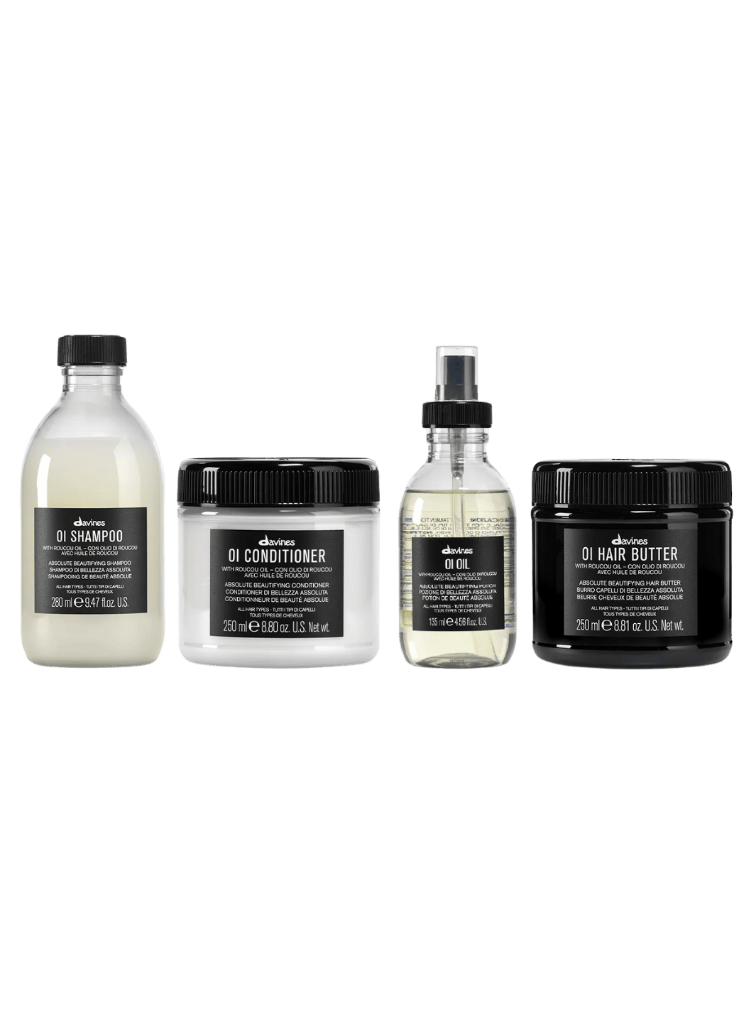 Set of Davines hair care products including OI Shampoo (280ml), OI Conditioner (250ml), OI Oil (135ml), and OI Hair Butter (250ml) on a transparent background | Twentyseven Toronto