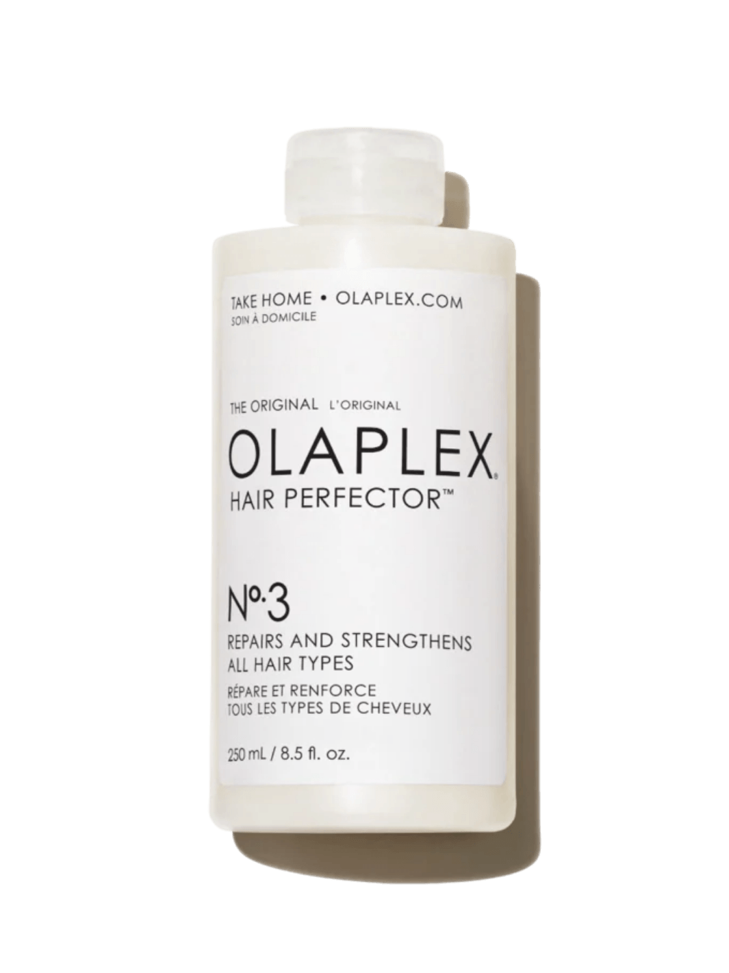 White 250ml bottle of Olaplex Hair Perfector No.3 on a transparent background | Twentyseven Toronto