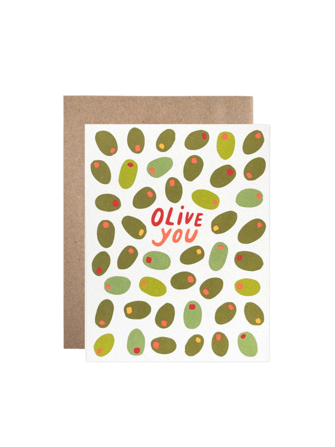The Hartland Cards Olive You Card features a white background covered in a pattern of various green olives with red pimento centers, with the words "Olive you" written in red playful font in the middle, resting in front of a brown kraft envelope | Twentyseven Toronto
