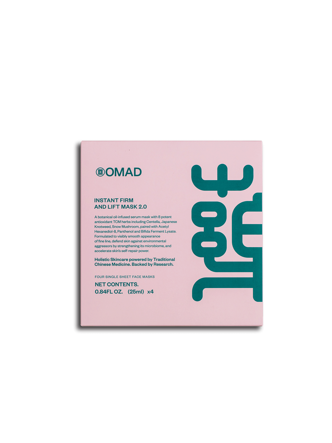 OMAD Instant Firm and Lift Mask 2.0 four-pack in pink packaging, featuring four 25 mL single-sheet face masks | Twentyseven Toronto