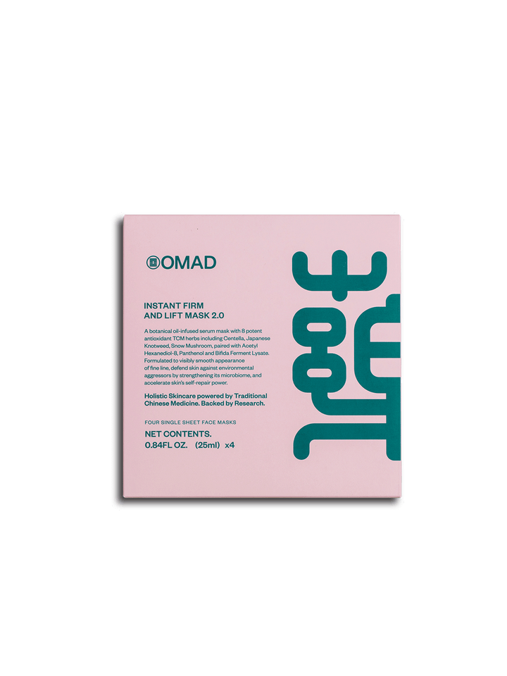 OMAD Instant Firm and Lift Mask 2.0 four-pack in pink packaging, featuring four 25 mL single-sheet face masks | Twentyseven Toronto
