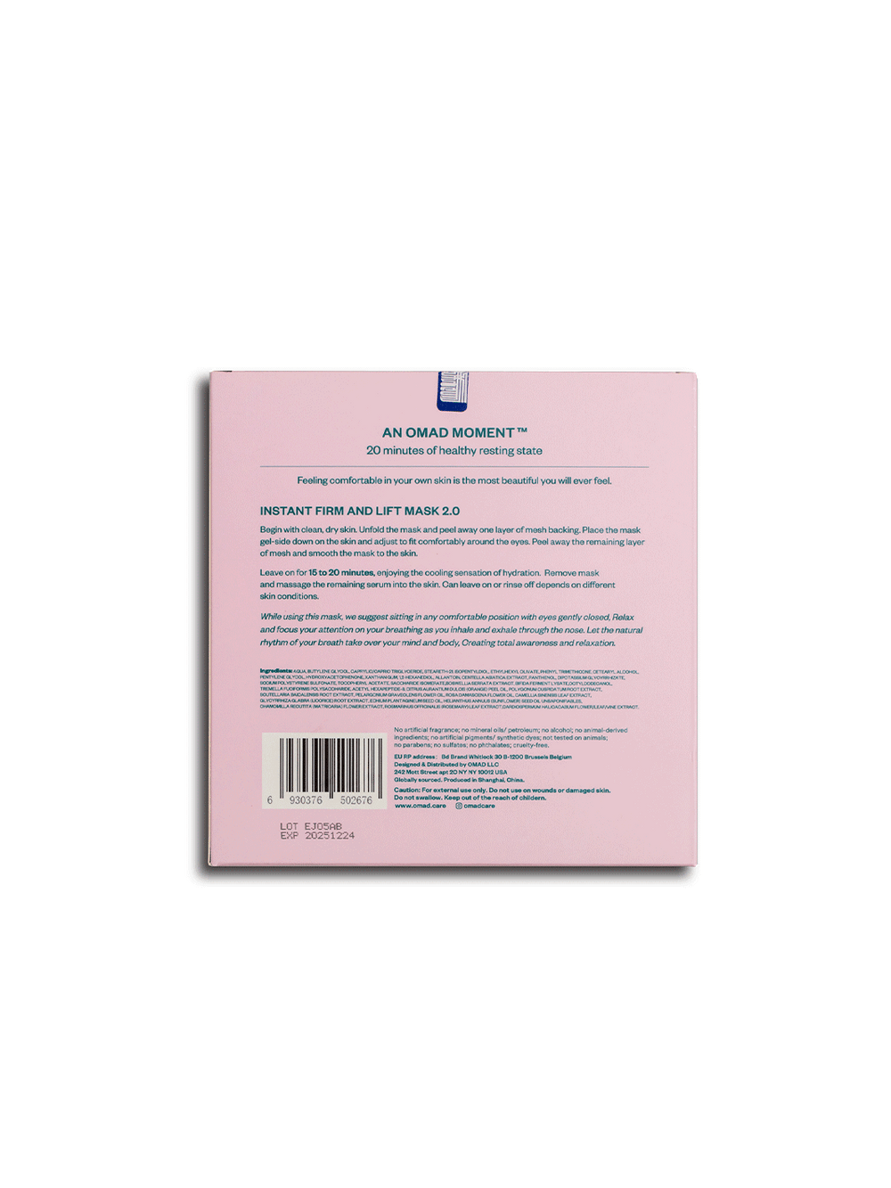 OMAD Instant Firm and Lift Mask 2.0 packaging showing application instructions, ingredients and product information | Twentyseven Toronto