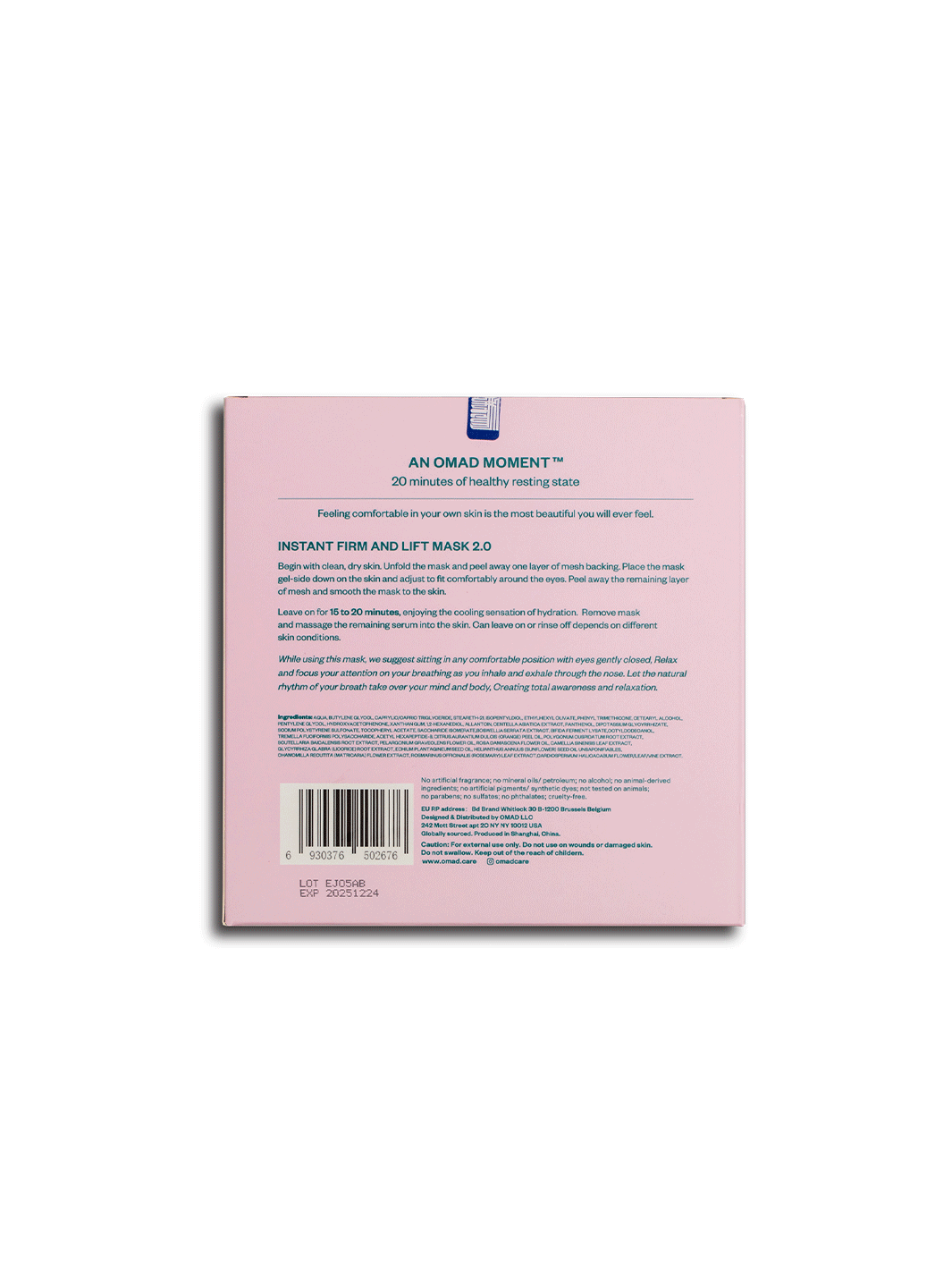 OMAD Instant Firm and Lift Mask 2.0 packaging showing application instructions, ingredients and product information | Twentyseven Toronto