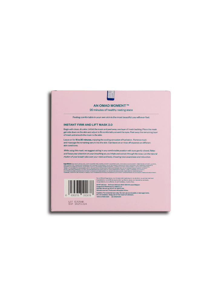 OMAD Instant Firm and Lift Mask 2.0 packaging showing application instructions, ingredients and product information | Twentyseven Toronto