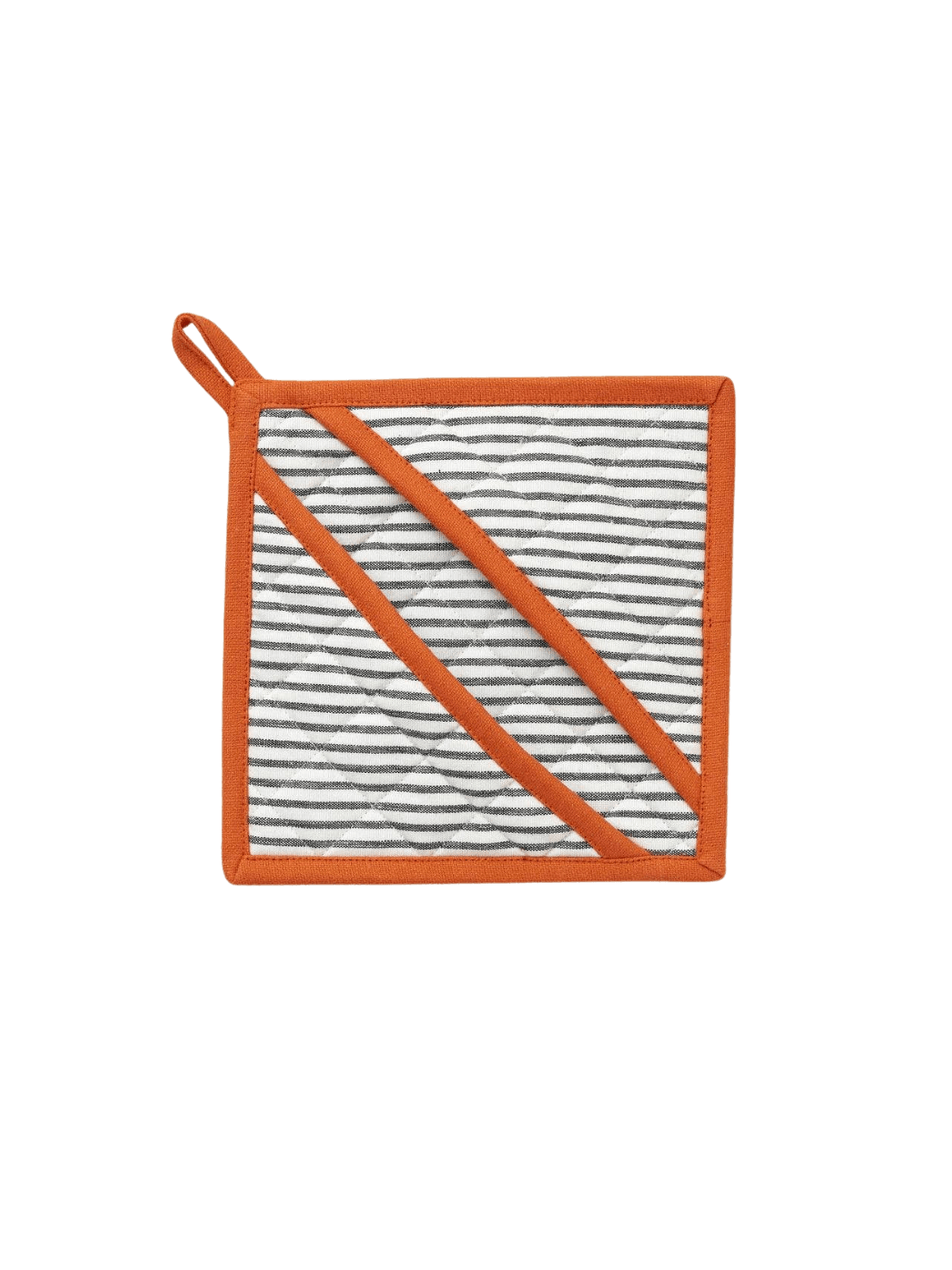 Striped oven mitt with orange border in 'Aux Petits Oignons' style on a transparent background | Twentyseven Toronto