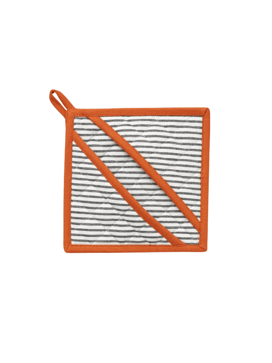 Striped oven mitt with orange border in 'Aux Petits Oignons' style on a transparent background | Twentyseven Toronto