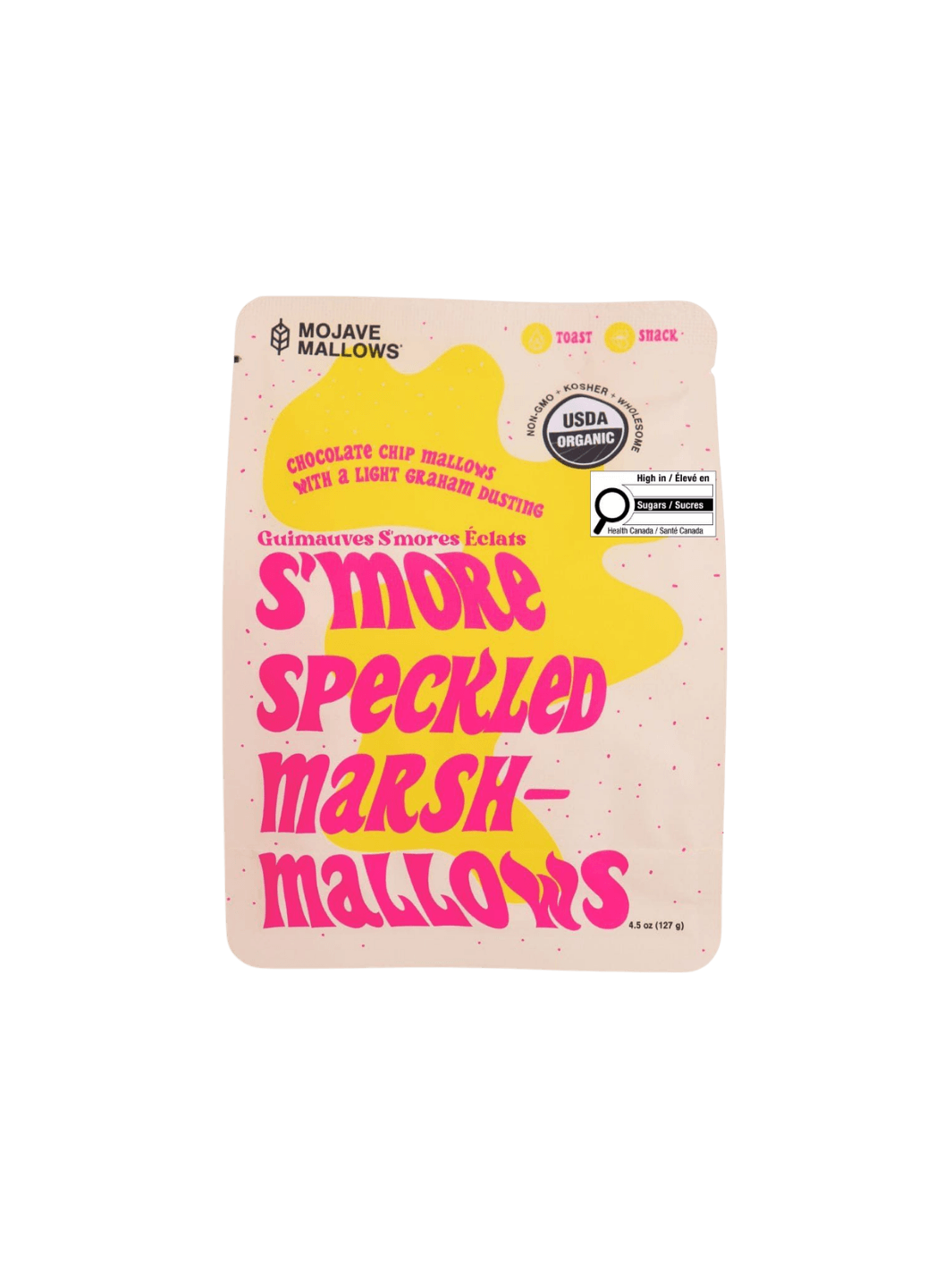 A white and yellow pouch for Mojave Mallows Organic S'more Speckled Marshmallows | Twentyseven Toronto