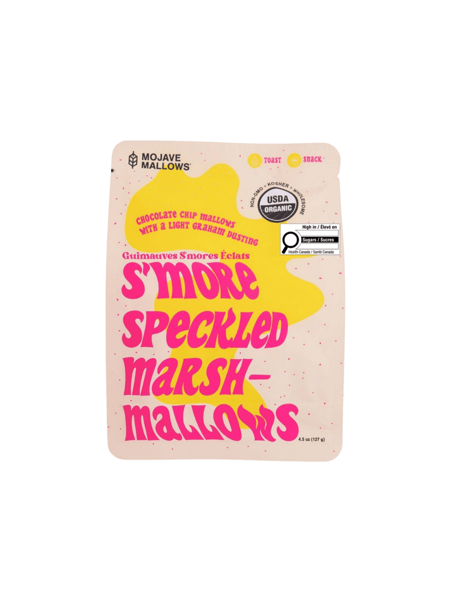 A white and yellow pouch for Mojave Mallows Organic S'more Speckled Marshmallows | Twentyseven Toronto