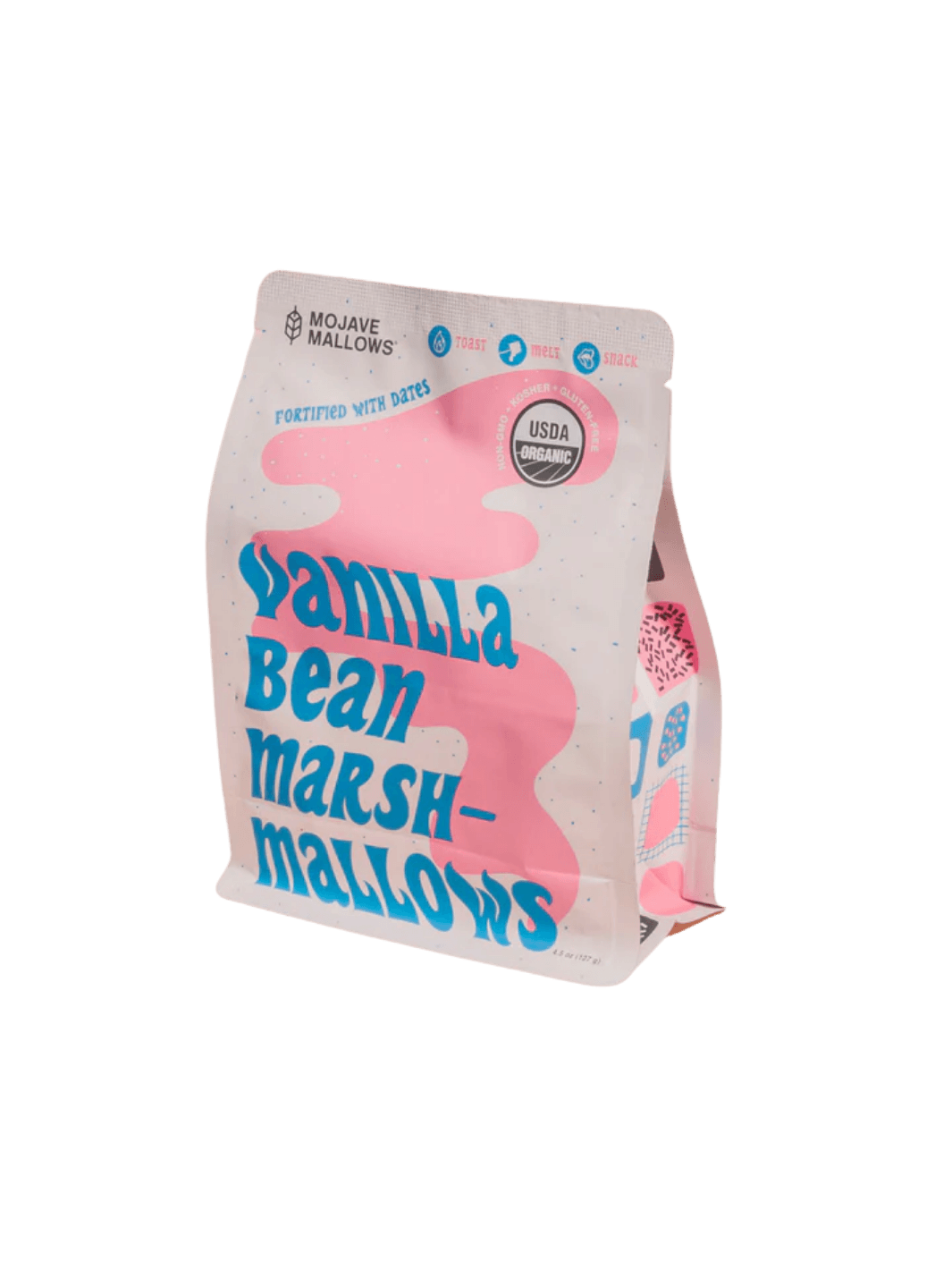 A pink and cream pouch for Mojave Mallows Organic Vanilla Bean Marshmallows | Twentyseven Toronto