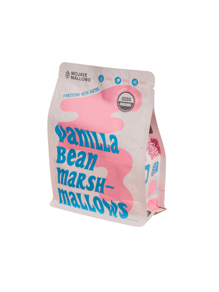 A pink and cream pouch for Mojave Mallows Organic Vanilla Bean Marshmallows | Twentyseven Toronto