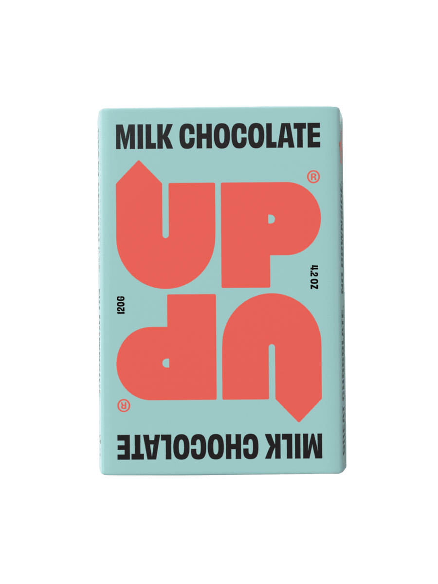 UP UP Chocolate Milk Chocolate in light blue and orange packaging | Twentyseven Toronto