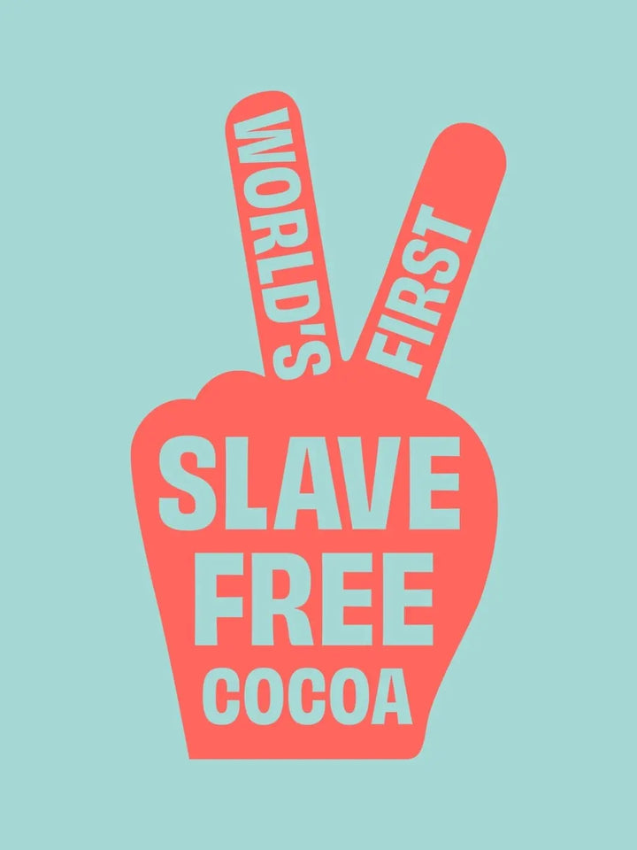 Up Up Chocolate graphic saying 'World's First Slave Free Cocoa' text on a light blue background | Twentyseven Toronto