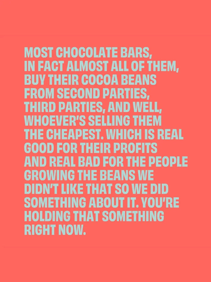 Light blue text on a coral background discussing chocolate bar production and sourcing practices from Up Up Chocolate | Twentyseven Toronto