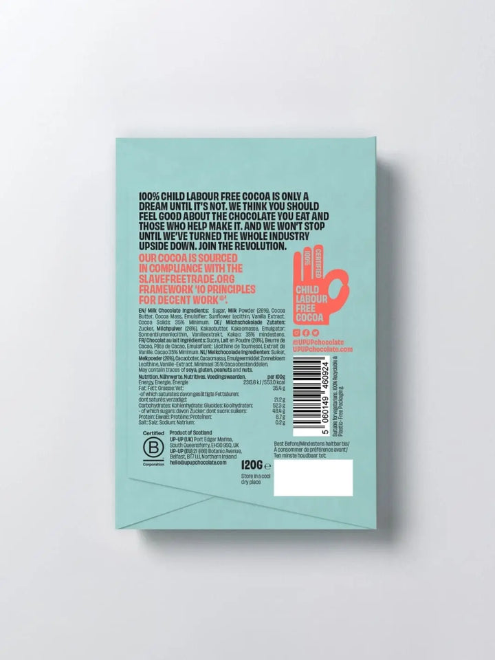 Back of Milk Chocolate in light blue packaging from 'Up Up Chocolate' with text and a orange logo on a white background | Twentyseven Toronto