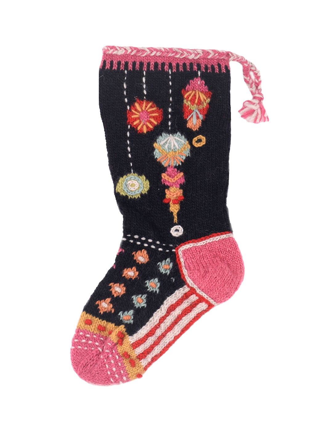 Lost Horizons Canada Ornaments Knit Christmas Stocking featuring colourful embroidered holiday ornaments on black wool, with a pink cuff, striped foot and braided hanging loop | Twentyseven Toronto