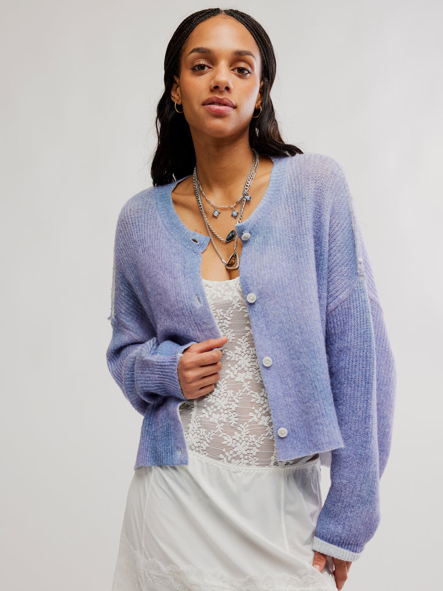 Front view of the Free People Otillie Cardi in Lilac Combo, featuring an oversized fit, button front and contrast ribbed cuffs | Twentyseven Toronto