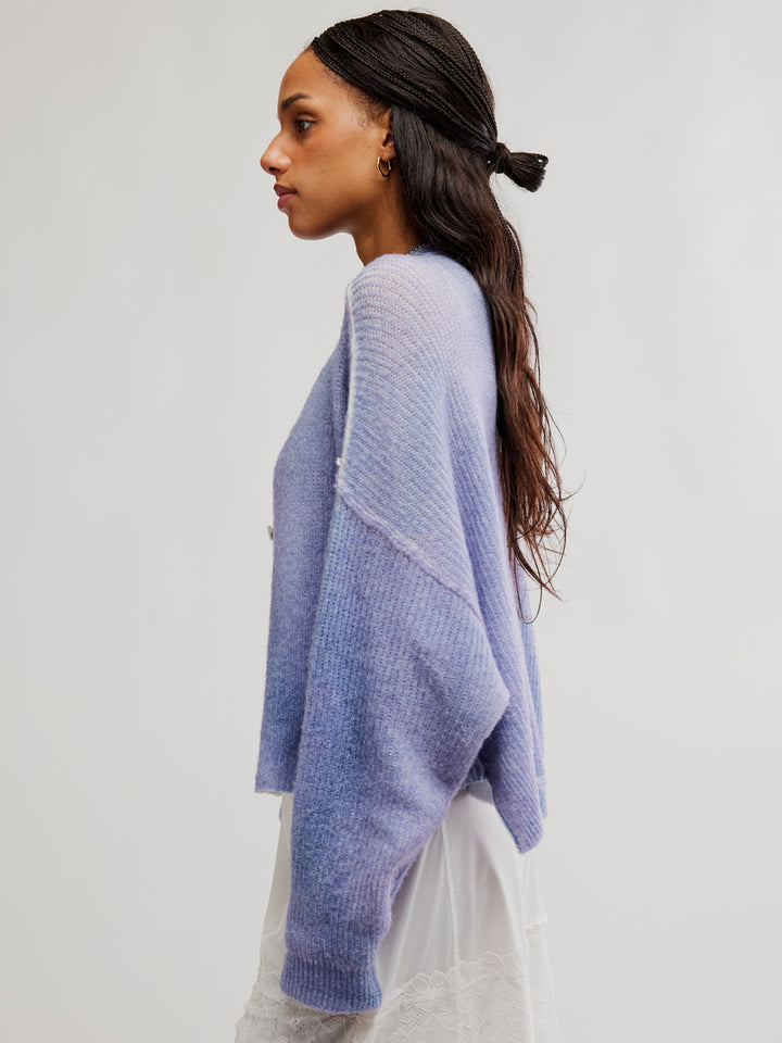 Front view of the Free People Otillie Cardi in Lilac Combo, featuring an oversized fit, button front and contrast ribbed cuffs | Twentyseven Toronto