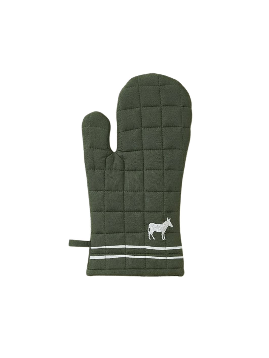 Green quilted oven mitt with white stripes and donkey design from Sylvie Thiriez on a transparent background | Twentyseven Toronto