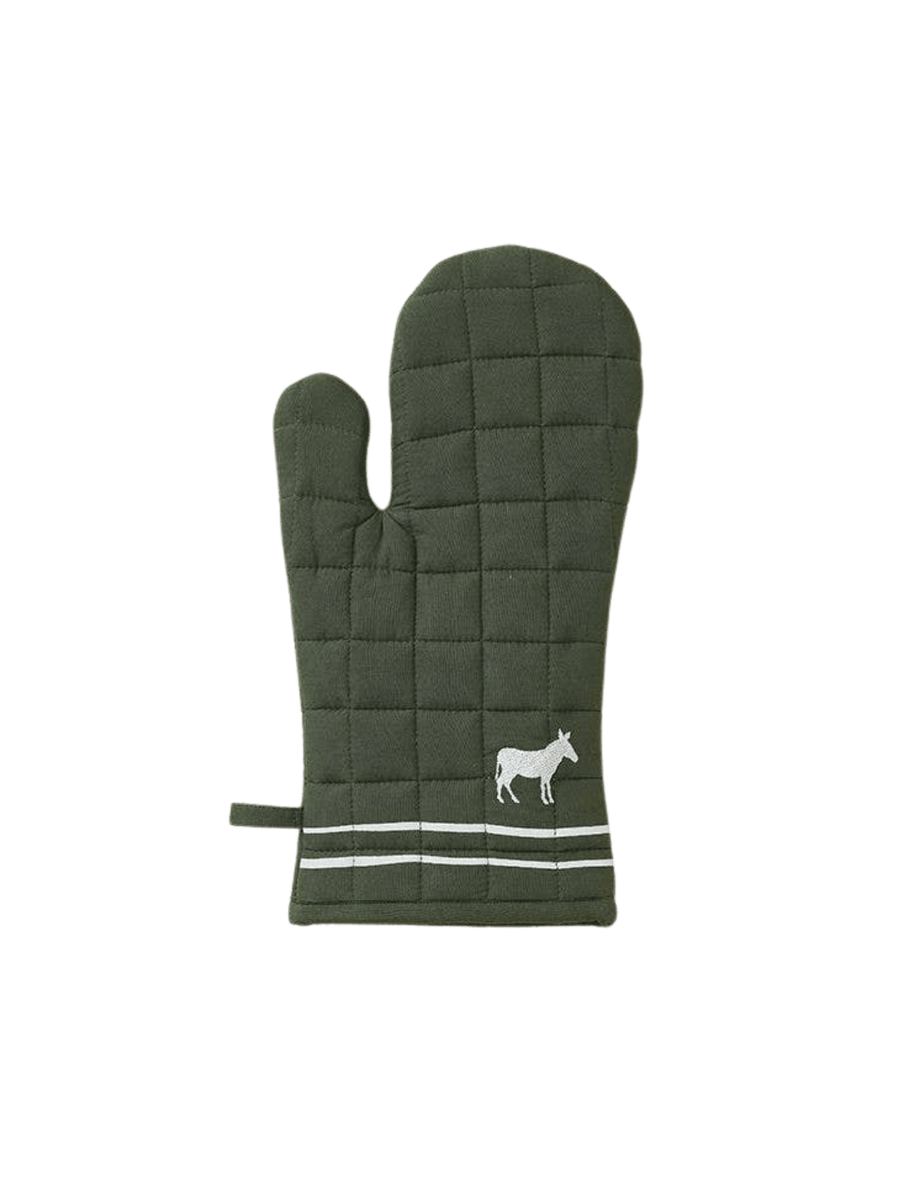 Green quilted oven mitt with white stripes and donkey design from Sylvie Thiriez on a transparent background | Twentyseven Toronto