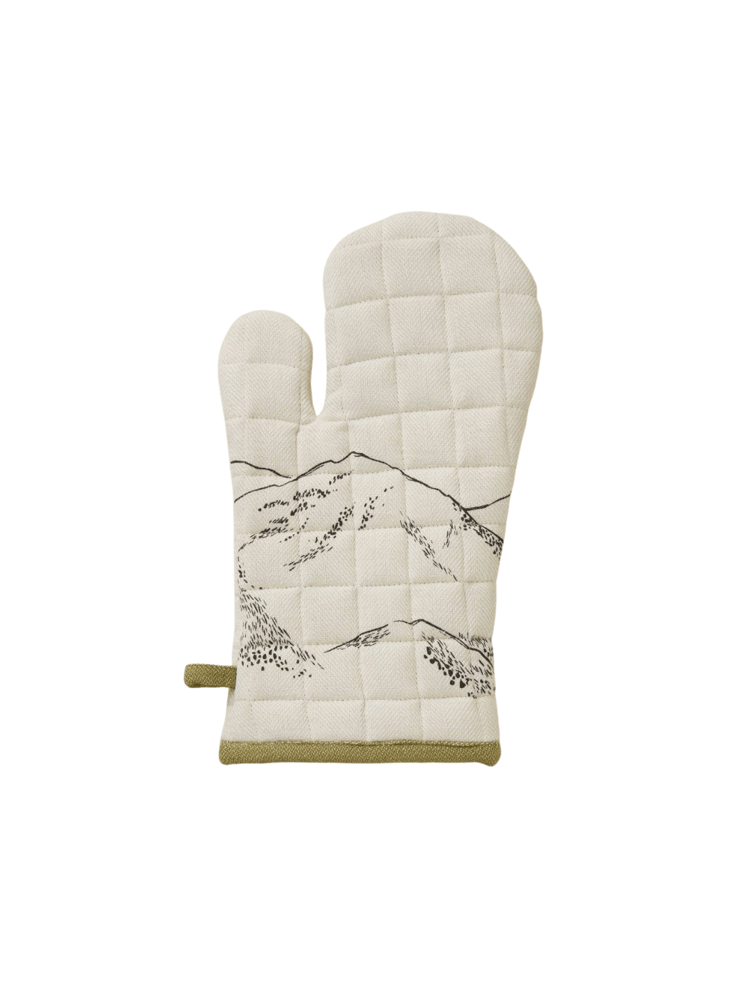 White quilted oven mitt with mountain design and olive green borders from Sylvie Thiriez on a transparent background | Twentyseven Toronto