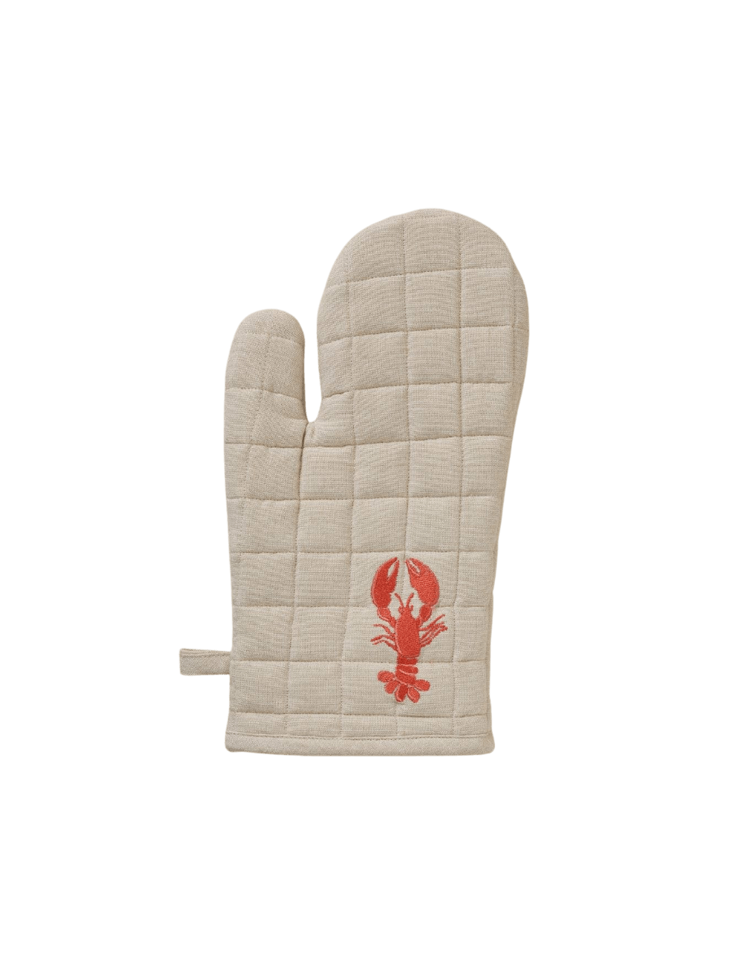 Beige oven mitt with red lobster design from Sylvie Thiriez on a transparent background | Twentyseven Toronto