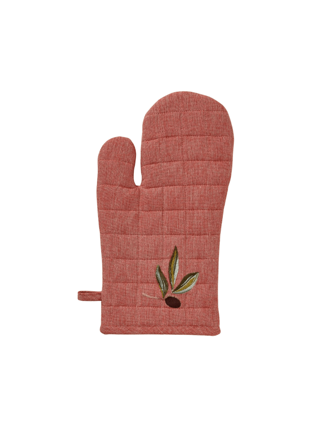 Red oven mitt with olive design from Sylvie Thiriez on a transparent background | Twentyseven Toronto