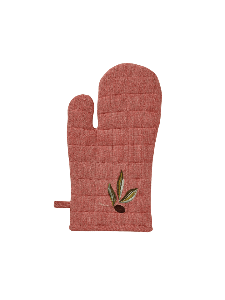 Red oven mitt with olive design from Sylvie Thiriez on a transparent background | Twentyseven Toronto