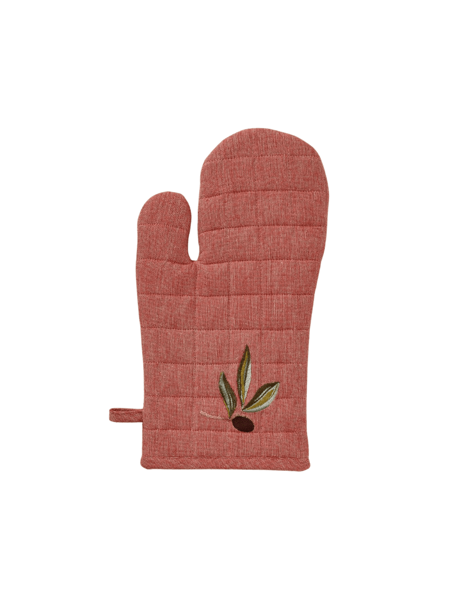 Red oven mitt with olive design from Sylvie Thiriez on a transparent background | Twentyseven Toronto