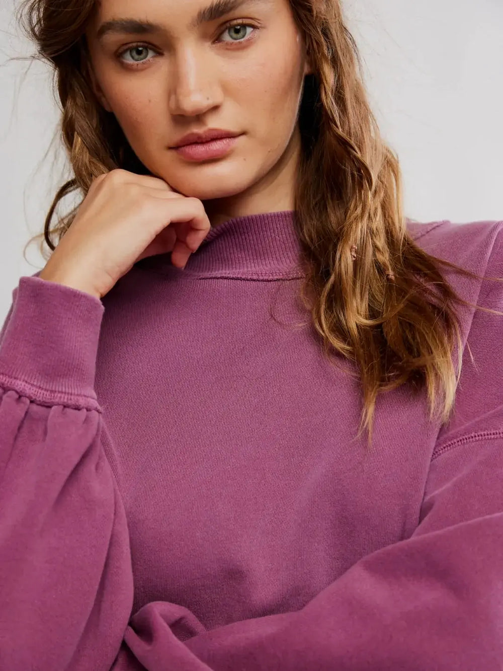 A close-up front view highlights the high crew neckline, ribbed collar, and soft cotton texture of the Jungmaven Palm Springs Pullover in Damson | Twentyseven Toronto