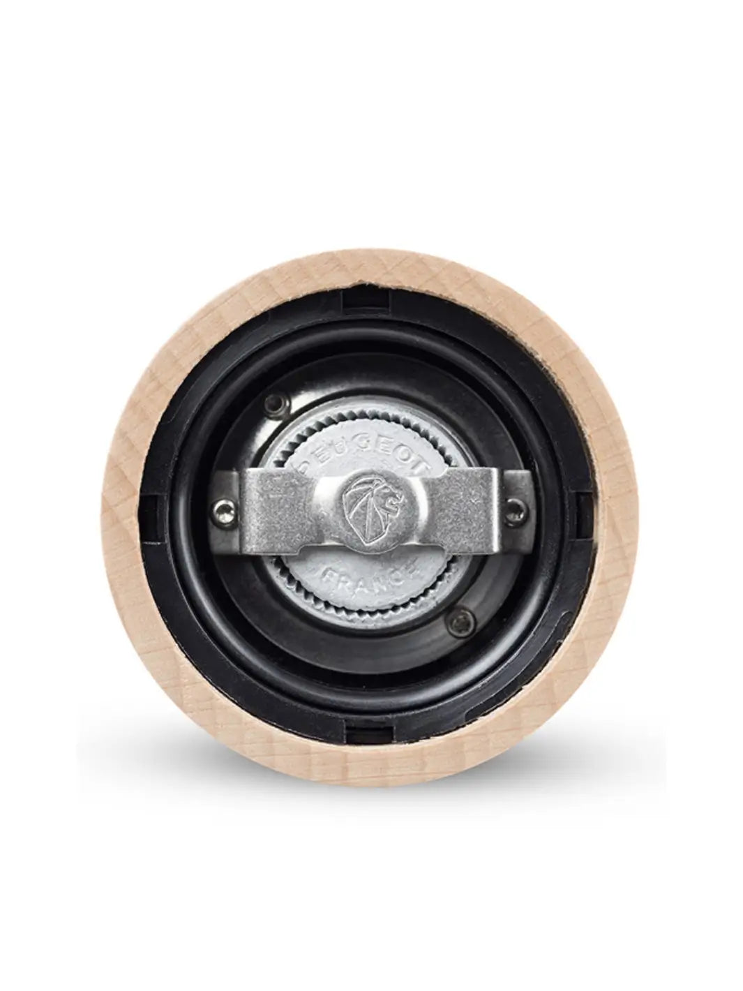 Close-up of a 'Paris U'Select Wood Pepper Mill Grinder' mechanical component with a central bearing from Peugeot on a white background | Twentyseven Toronto