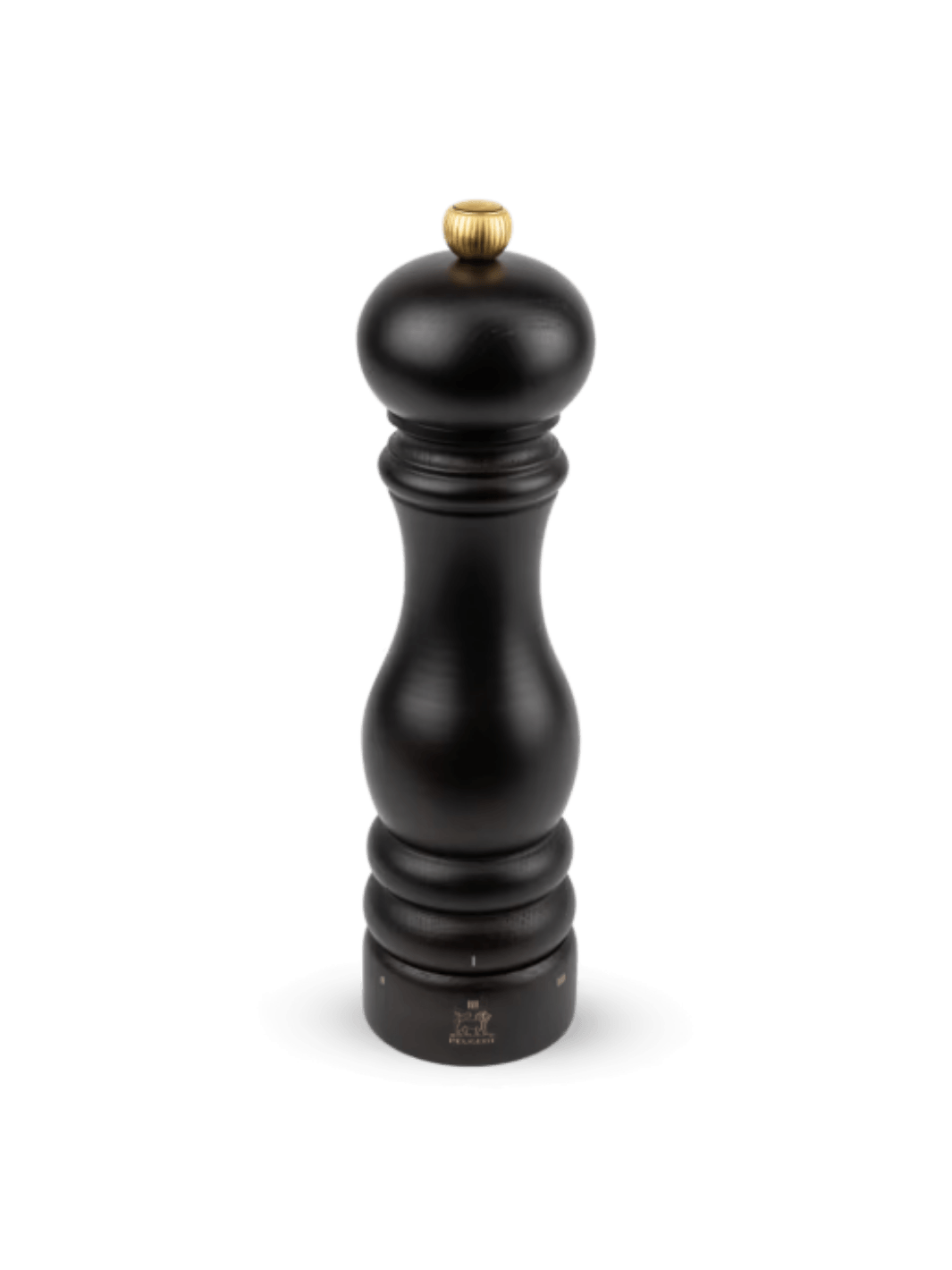 Black 'Paris U'Select' pepper grinder in 'Chocolate Finish' from Peugeot with gold top on a transparent background | Twentyseven Toronto