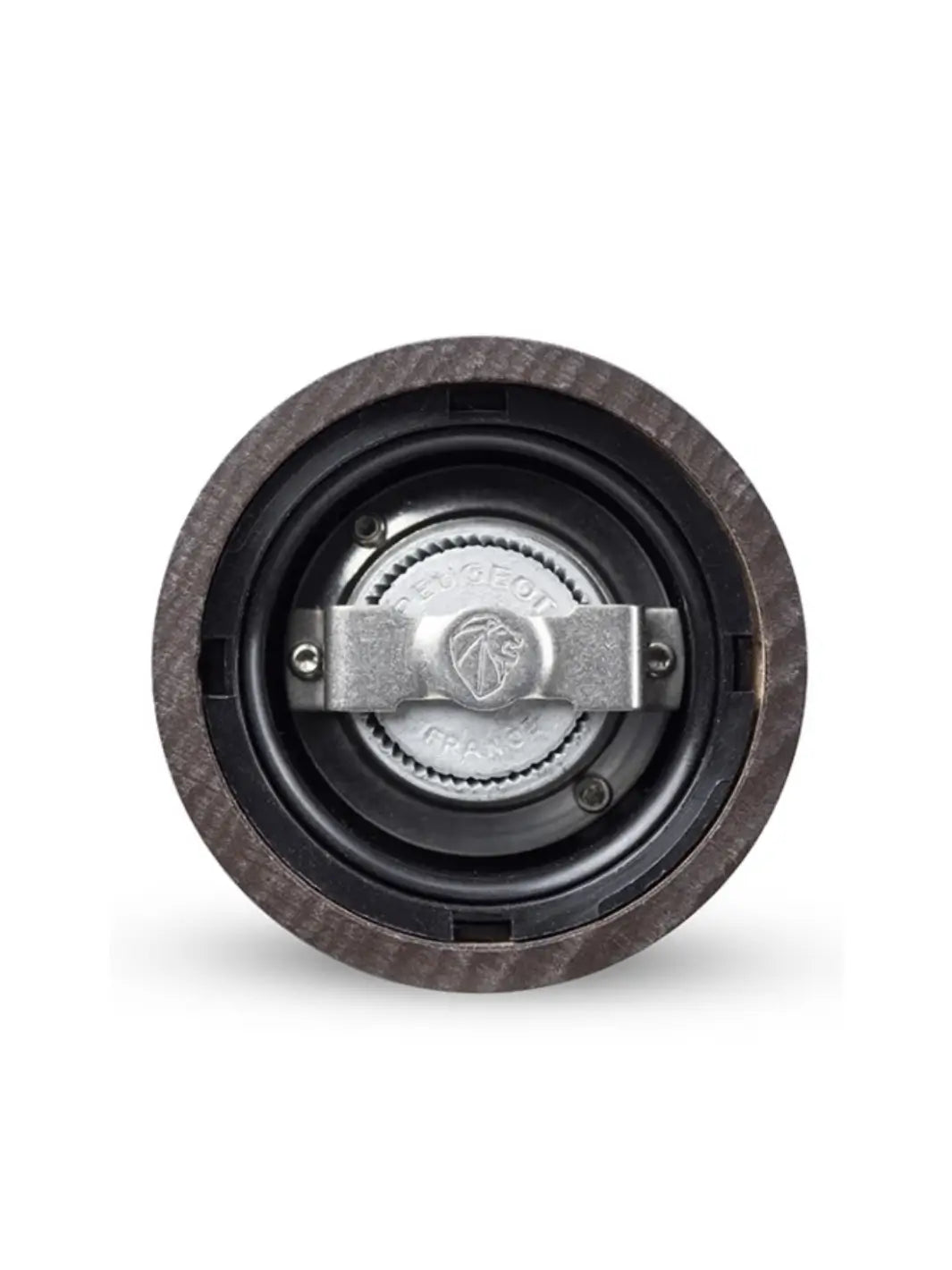 Close-up of a 'Paris U'Select Wood Pepper Mill Grinder' mechanical component with a central bearing from Peugeot on a white background | Twentyseven Toronto
