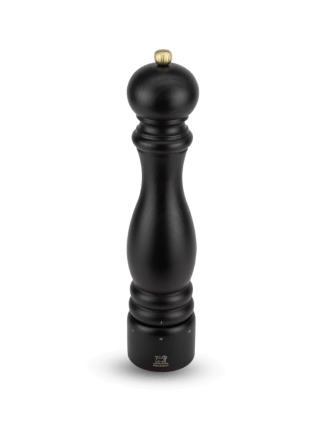 Black 'Paris U'Select' pepper grinder in 'Chocolate Finish' from Peugeot with gold top on a transparent background | Twentyseven Toronto