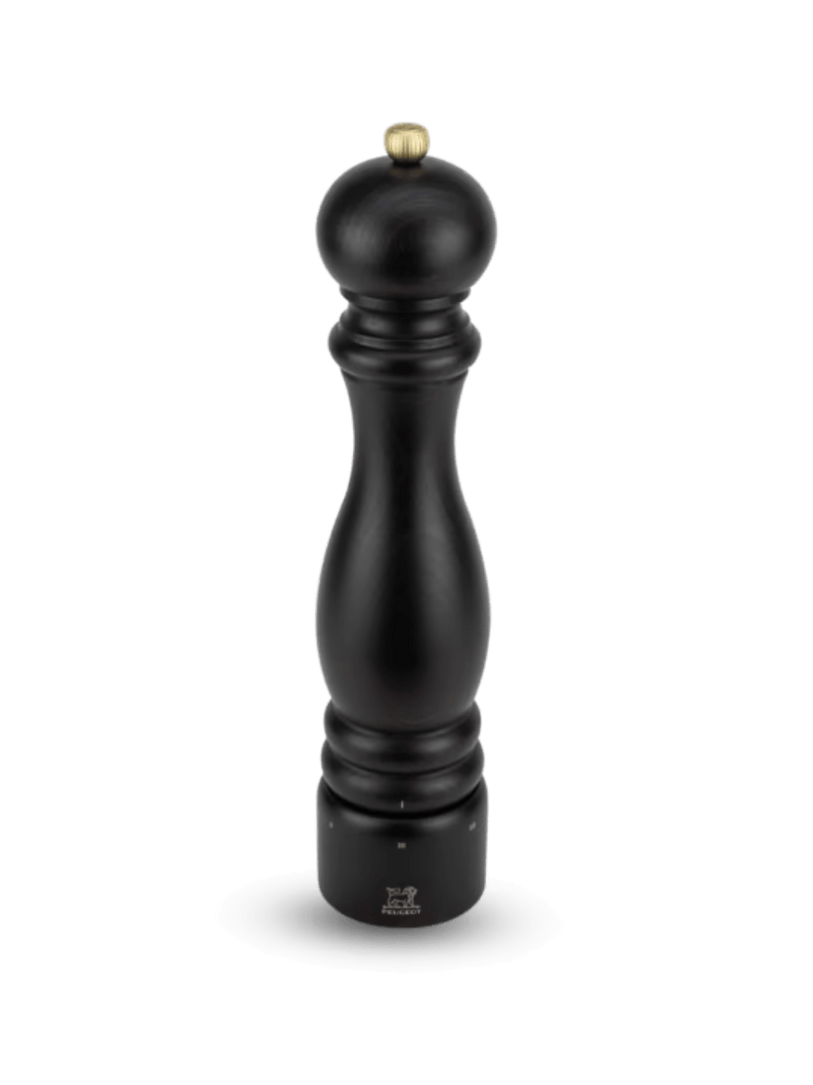 Black 'Paris U'Select' pepper grinder in 'Chocolate Finish' from Peugeot with gold top on a transparent background | Twentyseven Toronto