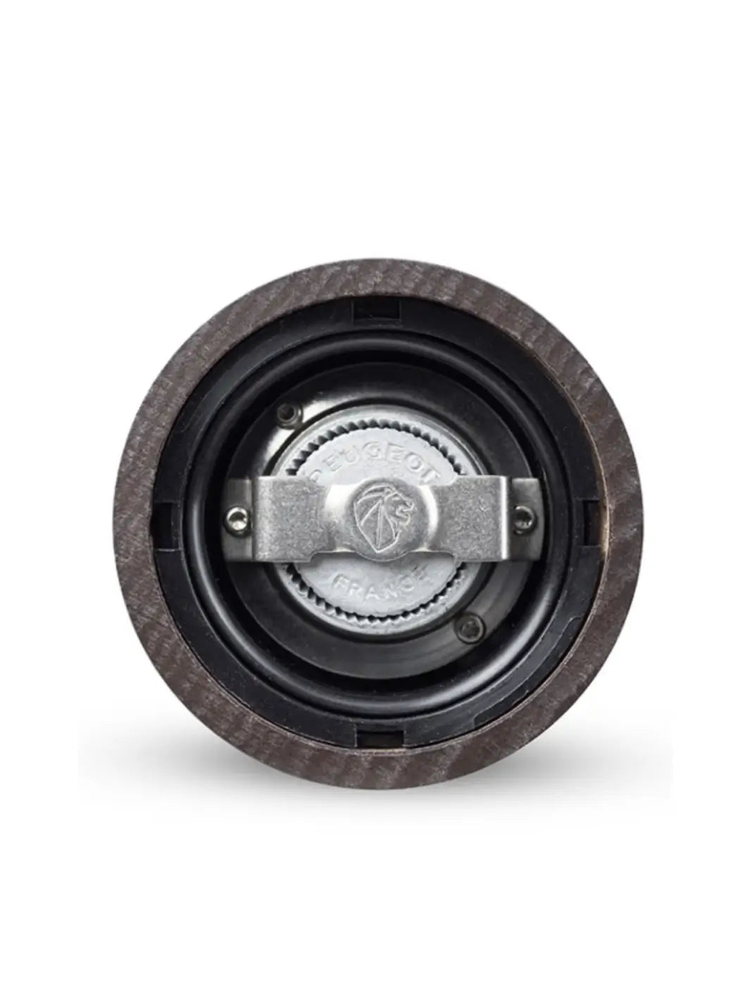 Close-up of a 'Paris U'Select Wood Pepper Mill Grinder' mechanical component with a central bearing from Peugeot on a white background | Twentyseven Toronto