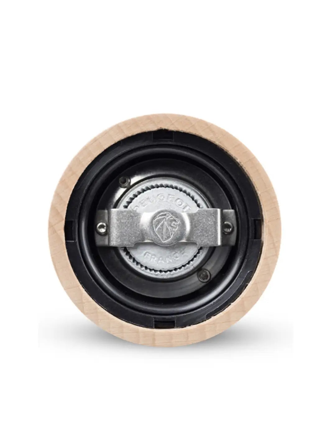 Close-up of a 'Paris U'Select Wood Pepper Mill Grinder' mechanical component with a central bearing from Peugeot on a white background | Twentyseven Toronto