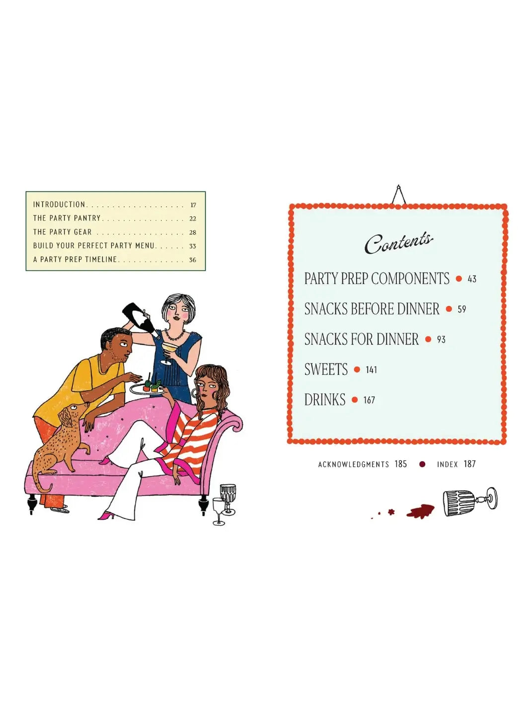 Table of contents spread from Party Tricks: Easy, Elegant Recipes for Snacking and Hosting by Anna Hezel, featuring a playful illustration of three people and a dog gathered around a pink sofa | Twentyseven Toronto