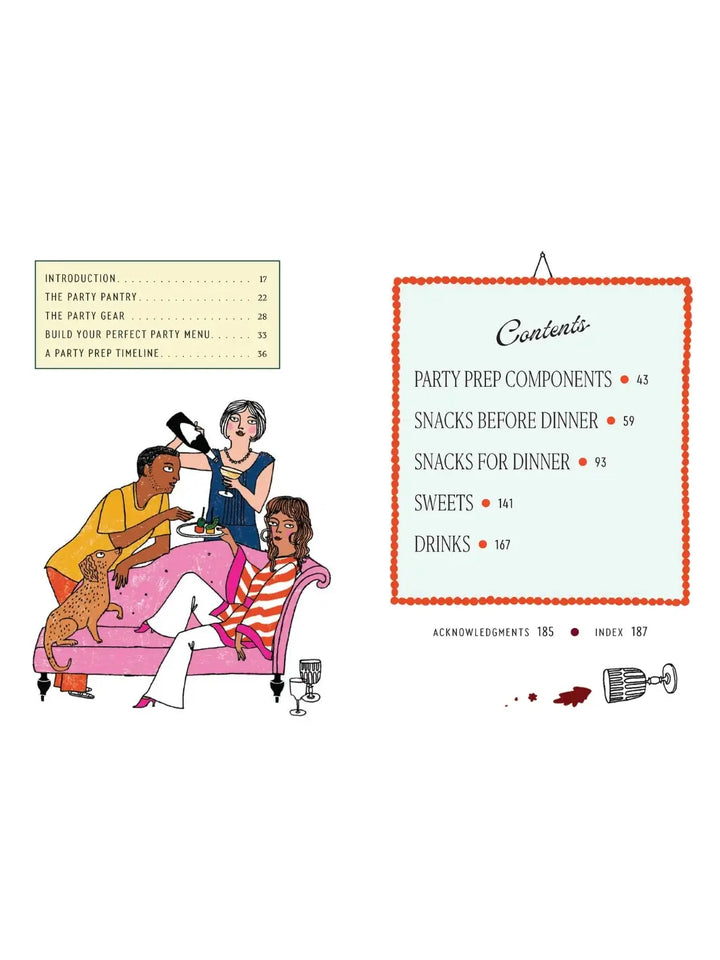 Table of contents spread from Party Tricks: Easy, Elegant Recipes for Snacking and Hosting by Anna Hezel, featuring a playful illustration of three people and a dog gathered around a pink sofa | Twentyseven Toronto
