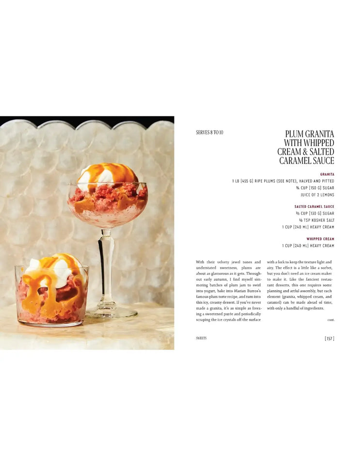 Recipe page from Party Tricks: Easy, Elegant Recipes for Snacking and Hosting by Anna Hezel for Plum Granita with Whipped Cream & Salted Caramel Sauce served in elegant glassware | Twentyseven Toronto
