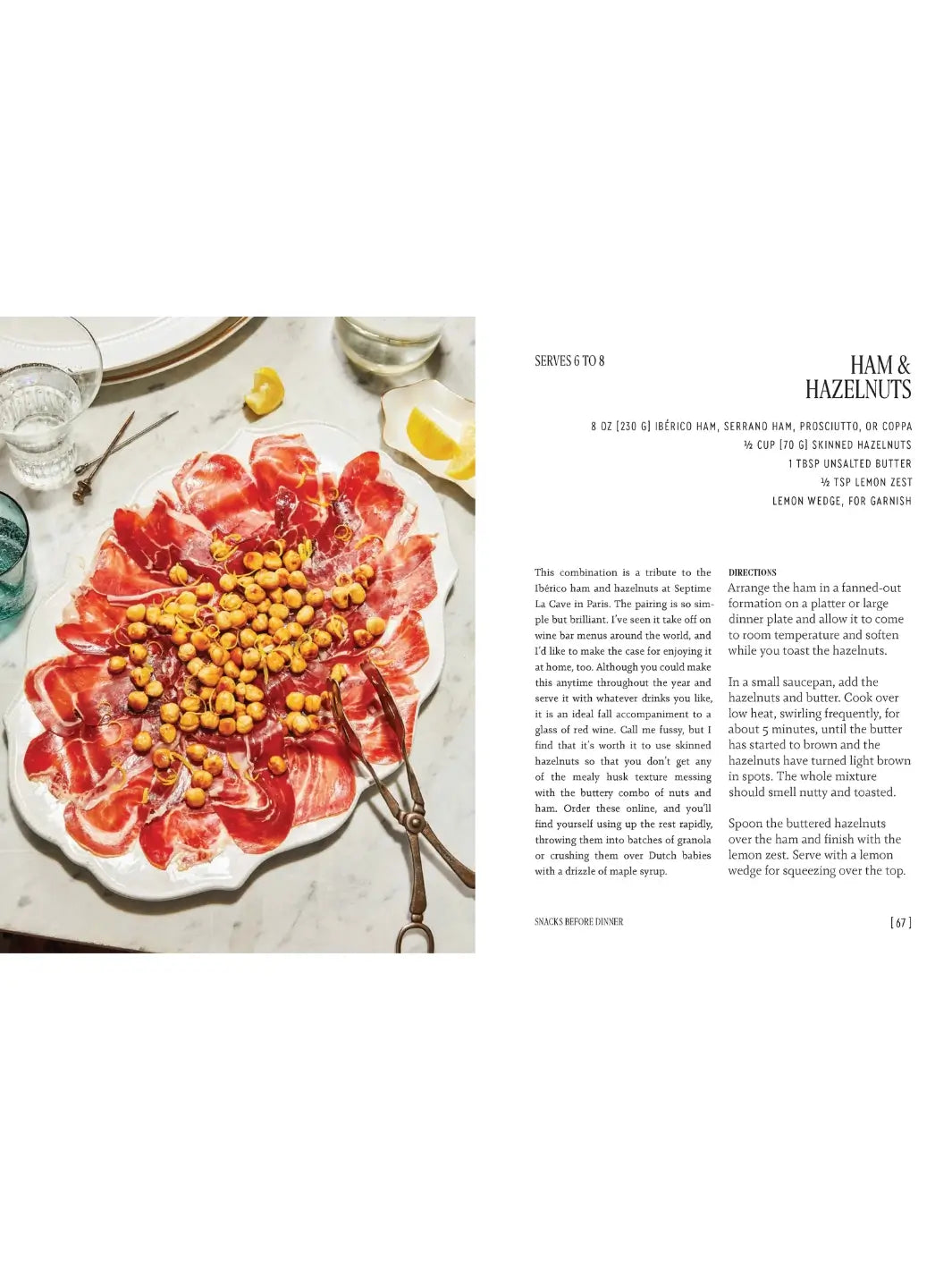 Recipe spread from Party Tricks: Easy, Elegant Recipes for Snacking and Hosting by Anna Hezel for Ham & Hazelnuts, featuring thinly sliced Ibérico ham fanned out on a platter and topped with toasted hazelnuts | Twentyseven Toronto