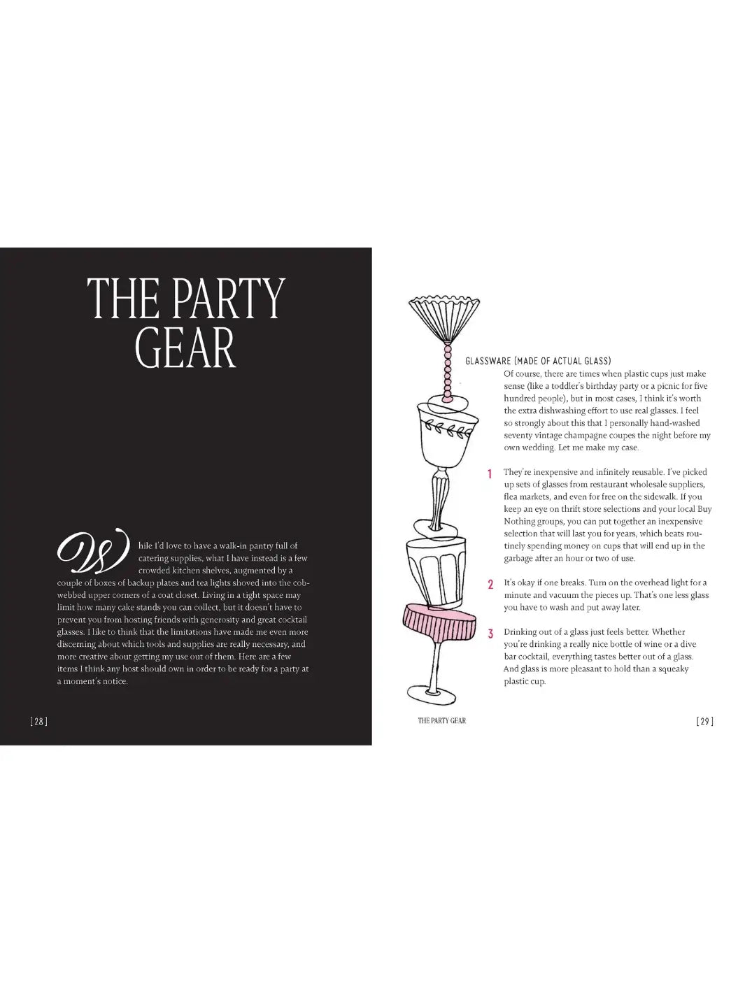 Chapter titled "The Party Gear" from Party Tricks: Easy, Elegant Recipes for Snacking and Hosting by Anna Hezel, featuring an illustration of a stack of vintage glassware and text about building a party pantry | Twentyseven Toronto
