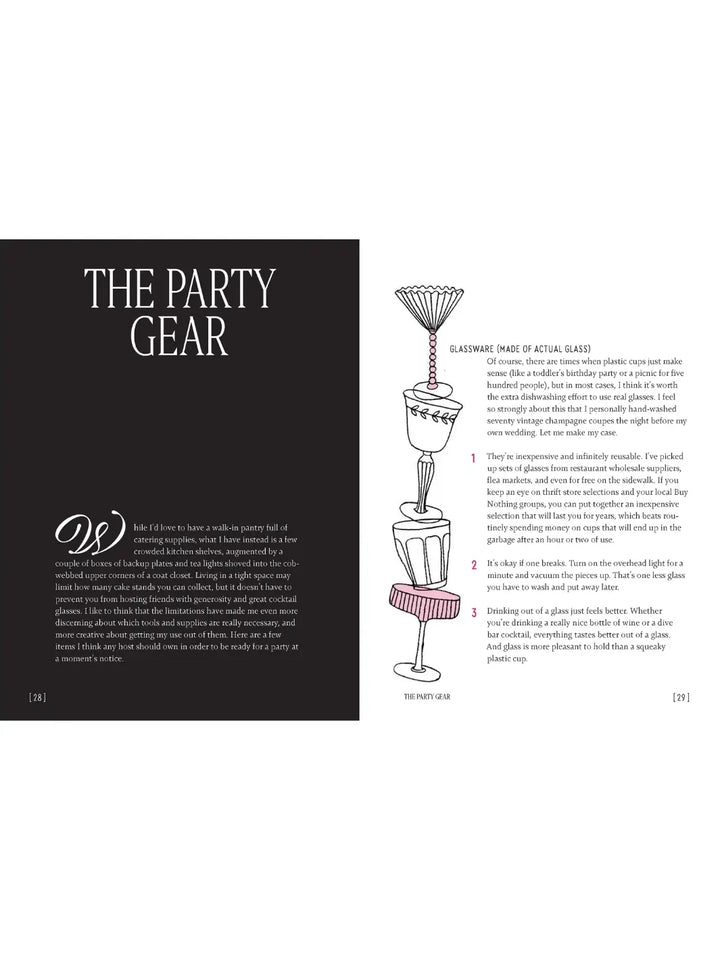 Chapter titled "The Party Gear" from Party Tricks: Easy, Elegant Recipes for Snacking and Hosting by Anna Hezel, featuring an illustration of a stack of vintage glassware and text about building a party pantry | Twentyseven Toronto